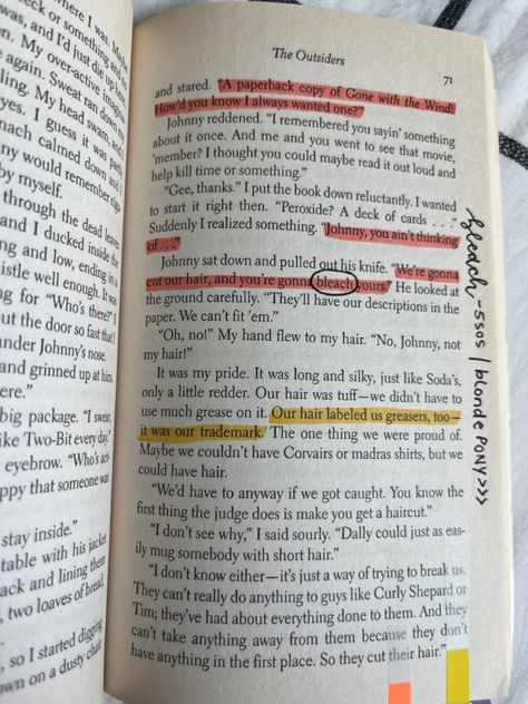 the outsiders by se hinton book annotations aesthetic The Outsiders Annotations, That Was Then This Is Now Se Hinton, Book Annotations Aesthetic, Annotations Aesthetic, Outsiders Book, Se Hinton, Book Annotating, Outsiders Greasers, Johnny Cade