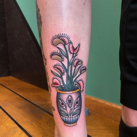 Traditional Plant Pot Tattoo, American Traditional Vase Tattoo, Ornate Vase Tattoo, Venus Fly Trap Tattoo, Traditional Venus Fly Trap Tattoo, Traditional Tattoo Venus Fly Trap, American Traditional Venus Fly Trap, Traditional Vases, Venus Fly Trap