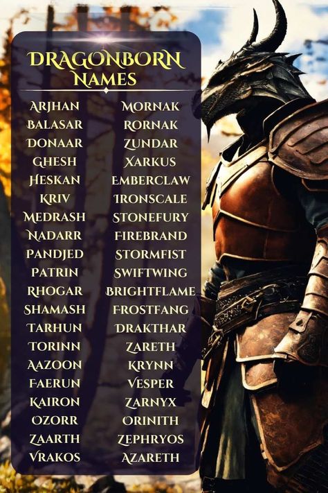 Dragonborn Names Fantasy Surnames With Meaning, Fantasy Races List, Fantasy Last Names With Meaning, Names That Mean Dragon, Dragon Names Ideas, Dragonborn Names, Fantasy Story Ideas, Fantasy Character Names, Female Character Names