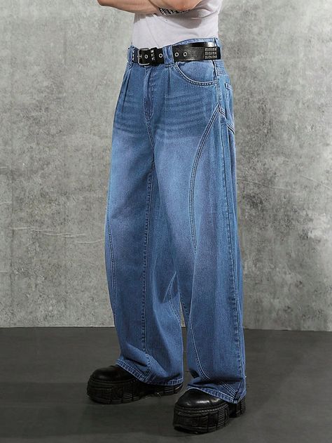 Light Wash  Collar  Denim Plain Wide Leg Embellished Non-Stretch  Men Clothing Vintage Street Style Men, Baggy Jeans With Pockets, Blue Jeans Outfit Men, Wide Leg Baggy Jeans, Light Blue Jeans Outfit, Jeans With Pockets, Blue Jean Outfits, Baggy Trousers, Bow Shorts