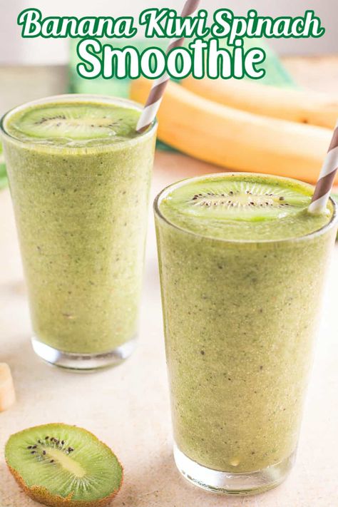 Green smoothies are easy to make and packed with vitamins and minerals. This Banana Kiwi Spinach Smoothie has just 4 ingredients, but it is full of flavor. It is a great option for breakfast on the go. It is also the perfect way to refuel after a hard workout! Banana Kale Smoothie, Kiwi Smoothie Recipes, Kiwi Banana Smoothie, Vegetable Smoothie Recipes, Banana Spinach Smoothie, Green Smoothie Benefits, Spinach Smoothie Recipes, Spinach Benefits, Kiwi And Banana