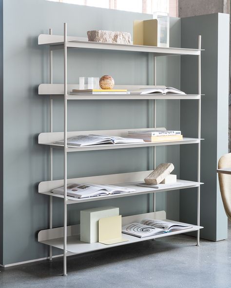 With its simple and refined expression, the Compile Shelving System from Muuto features clean lines in a solid construction. The lower wall on the back of each shelf gives the Compile Shelving System an understated sense of detailing along with added functionality. Create your own personal Compile Shelving System from its simple components or choose one of the eight pre-arranged solutions. #scandinaviandesign #homedecor #muutodesign Office Space Inspiration, Storage Inspiration, Steel Shelf, Scandinavian Living, Shelving Systems, Steel Furniture, Shelf Design, Functional Storage, 인테리어 디자인