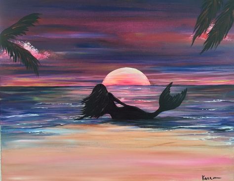 Sunset Mermaid, Sunset Painting Easy, Sunset Paint, Italian Grill, Beach Shore, Wine And Canvas, Mermaid Painting, Paint Nite, Silhouette Painting