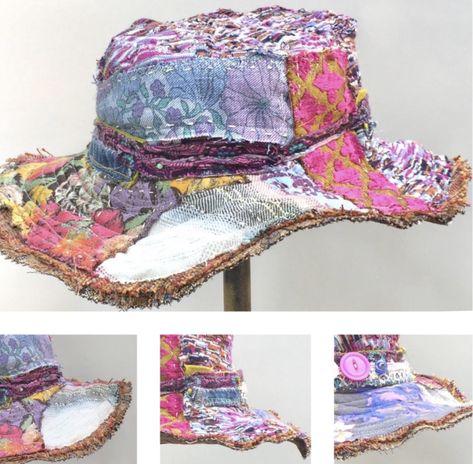 Fabric Hats To Sew, Derby Hat Diy, Recycled Hat, Upcycle Fashion Diy, Fabric Hats, Hippie Hat, Upcycled Accessories, Diy Denim Jacket, Sewing Hats