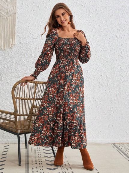 Shop These Affordable Long Sleeve Dresses—All Under $50 Shirred Dress, Square Neck Dress, Vintage Blouse, Ruffle Hem Dress, Flounce Sleeve, Women Long Dresses, Styl Vintage, Hem Dress, Fall Dresses