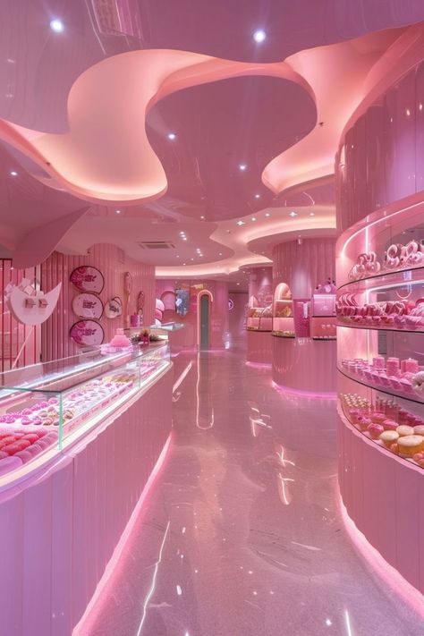 Girly Store Design, Pink Bakery Interior, Candy Shop Ideas Design, Pink Bakery Aesthetic, Pink Shopping Aesthetic, Candy Store Aesthetic, Candy Shop Aesthetic, Stores Aesthetic, Candy Store Design