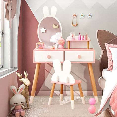 toddler kids girls pink desk and chair gifts for kids girls furniture amazon finds Toddler Vanity, Rabbit Mirror, Kids Vanity Set, Kids Dressing Table, Girls Vanity, Drawer Shelf, Makeup Dressing Table, Mirror Stool, Vanity Table Set