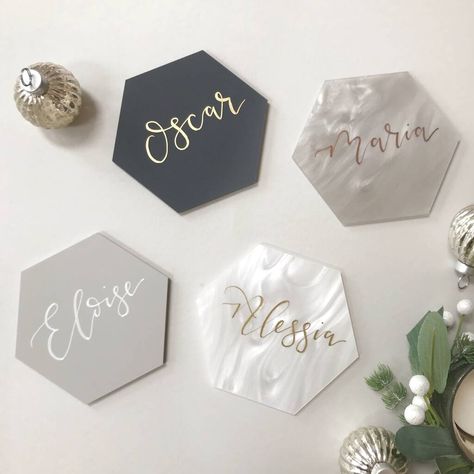 Acrylic Coasters, Resin Name Coasters, Acrylic Name Coasters, Resin Coaster Wedding Favour, White And Gold Resin Coasters, Grey Resin Coasters, Wedding Name Cards, Small Business Packaging Ideas, Marble Wedding