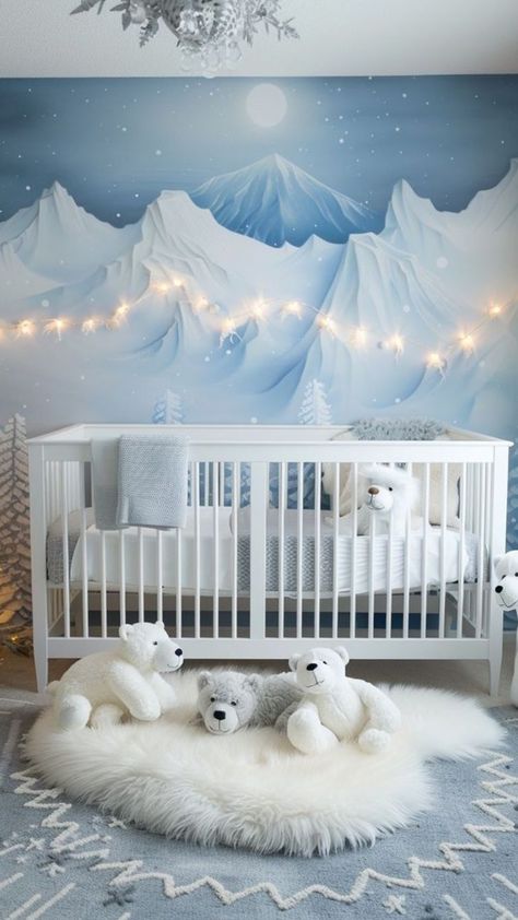 Snow Themed Nursery, Baby Boy Nursery Room Inspiration, Baby Boy Nusery, Boy Nursery Wallpaper, Nursery Theme Ideas, Vintage Nursery Boy, Boy Nursery Ideas, Anime Houses, Baby Boy Room Themes