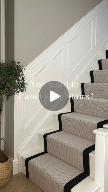 Lucy Corne @homepoppylane on Instagram: "How I got round common stair problems 🪚🔨 Stair Runner is called Home Poppy Lane Stair Runner from @floor.street use HOMEPOPPYLANE for 10% off all flooring and carpets 💷 Ad Paint @lick White 01 in eggshell and Beige 04 (PR items) Flexible MDF from @bandq_uk #stairs #staircracks #stairpanelling #hallpanelling #stairrunner #carpetrunner #herringbonecarpet #herringbonestairrunner #chevroncarpet #beigepaint #lickbeige04 #lickwhite01 #stairpaint #panellingdiy #panellingtutorial #howtopanel #stairrunnerprep" Stair Runner On White Stairs, Stairs With Runner Carpet, Wallpaper Hallway Stairs, White Stairs With Runner, Carpet Runner On Stairs, Stair Carpet Runner, Poppy Lane, White Stairs, Stair Railings