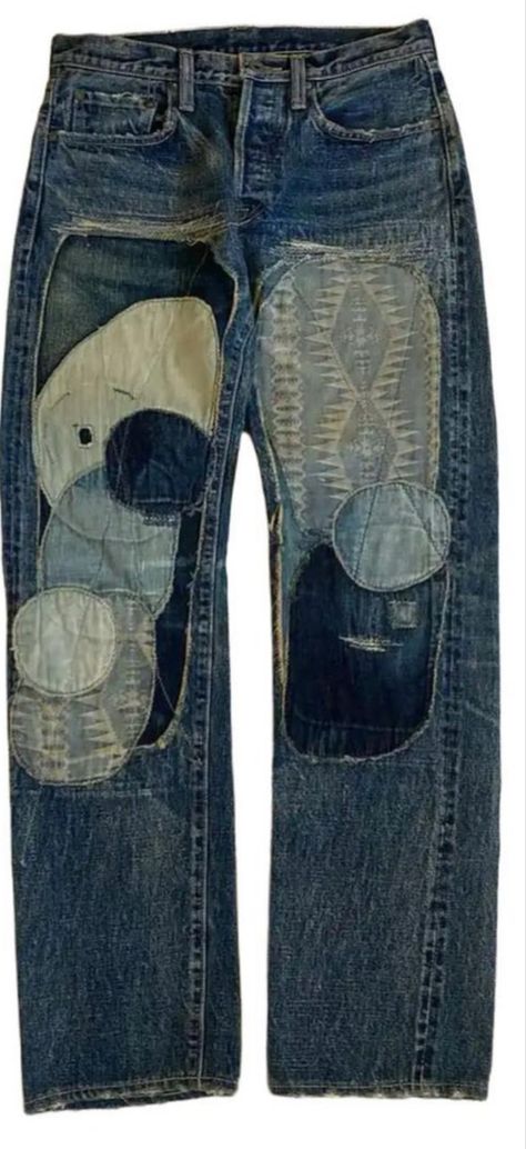 Streetwear Recycled Denim Bottoms With Patches, Vintage Recycled Denim Bottoms With Patches, Kapital Patchwork Jeans, Non-stretch Denim Patchwork Pants, Repair Jeans, Vintage Five-pocket Denim Pants, Repair, Quick Saves