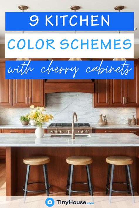 Cherry cabinets are rich and timeless, but finding the right color scheme can be tricky. Explore 9 beautiful color schemes that complement the deep, warm tones of cherry wood. From soft neutrals to vibrant contrasts, these ideas will give your kitchen a fresh, updated feel while letting the beauty of your cabinets shine. Perfect for creating a cozy and inviting space! Cherry Kitchen Cabinets, Kitchen Color Schemes, Cherry Wood Cabinets, Rv Redo, Cherry Kitchen, Cherry Cabinets, Kitchen Colour Schemes, Tiny House Kitchen, Kitchen Color