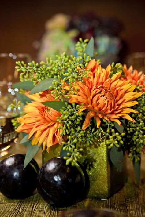 orange spider mums    Photography by www.kimlindphotography.com, Floral Design by www.branchoutflowers.com Ferns And Mums Wedding Decor, Mum Flower Arrangement, Spider Mums Flowers, Mums Photography, Spider Mum Flower Arrangements, Mum Centerpiece, Spidermum Flowers, Cocktail Table Decor, Mum Wedding