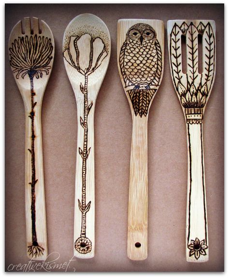 wood spoon art | blog link | Regina Lord | Flickr Wood Burn Spoons, Woodburning Ideas, Wood Burning Projects, Spoon Art, Woodburning Projects, Wood Burning Ideas, Wooden Kitchen Utensils, Pyrography Art, Wood Burning Crafts