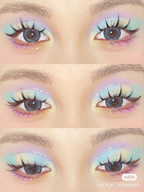 Kawaii Make Up Ideas, Candycore Makeup, Yume Kawaii Makeup, Fairy Kei Makeup, Pastel Rainbow Makeup, Pastel Makeup Looks, Space Makeup, Pastel Makeup, Flower Knows