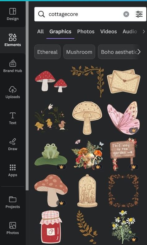 COTTAGE CORE CANVA GRAPHICS I keysearch 🍄 can Canva Graphics, Canva Elements Keyword, Canva Elements, Boho Aesthetic, Project Photo, Cottage Core, Game Design, Next Level, The Next