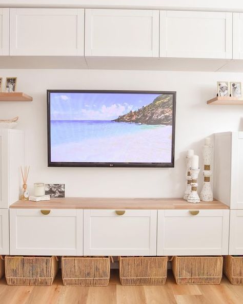 Tv Unit With Lots Of Storage, Ikea Toy Storage Under Tv, Ikea Under Tv Storage, Media Console Toy Storage, Under Tv Wood Storage, Lounge Room Toy Storage Ideas, Floating Tv Shelf Ikea, Lounge Room Storage Ideas, Storage Under Tv On Wall