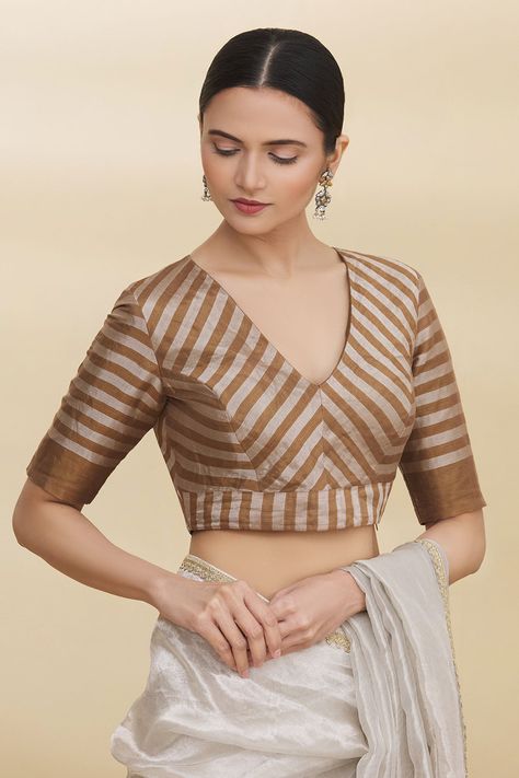 Buy Pranay Baidya Gold Tissue Striped Saree Blouse Online | Aza Fashions V Neck Pattern Blouse, Plan Blouse Design, Striped Blouse Designs For Saree, V Neck Back Blouse Design, Tissue Blouse Designs Latest, Simple Saree Blouse Designs Pattern, Blouse Stiching Design, Stripes Blouse Designs, Tissue Blouse Designs