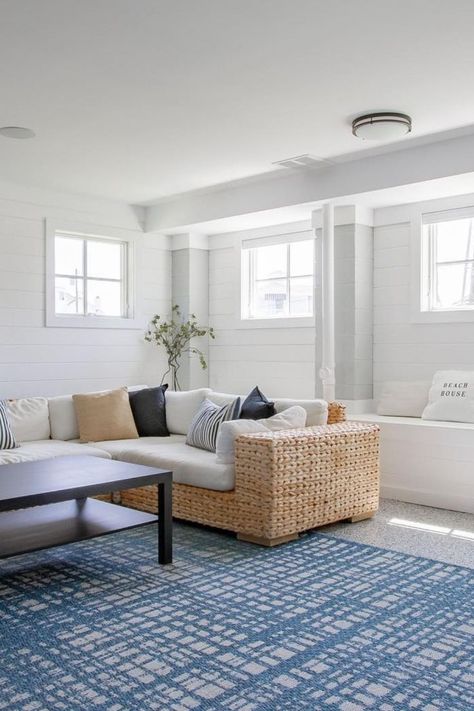 white living room with picture windows and blue hues Enlarging Basement Windows, Basement Without Windows, Basement Egress Window Ideas, Curtains For Basement Windows, Small Basement Window Ideas, Egress Window Ideas Basement, Basement Window Ideas, Egress Window Ideas, Basement Window Curtains