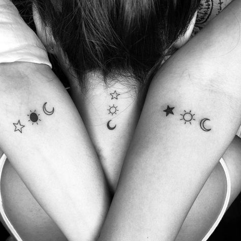 Tattoo Ideas Small Friendship, Small Tattoos For 3 Friends, Simple Friendship Tattoos For 3, Bestie Tattoos Unique Small, Unique Friendship Tattoos For 3, Small Tattoos For 3 Best Friends, Friend Group Tattoos Small For 3, Small Friend Tattoos For Women, Witchy Best Friend Tattoo