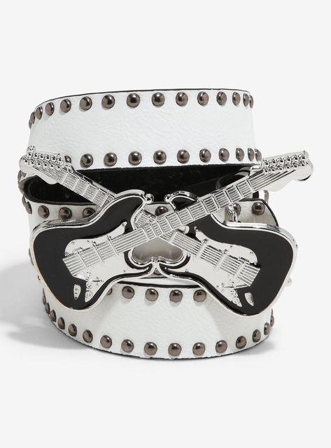 Get riff-ready with this white  faux leather belt! Perfect for the rock star vibe  this belt features two rows of gunmetal-tone studs  plus a dual guitar belt buckle.60% polyurethane; 35% alloy; 5% ironImported White Studded Belt, Cool Belts, Star Vibe, Unique Belts, Belts Aesthetic, Guitar Belt, Goth Belt, Studded Belts, Stud Belt