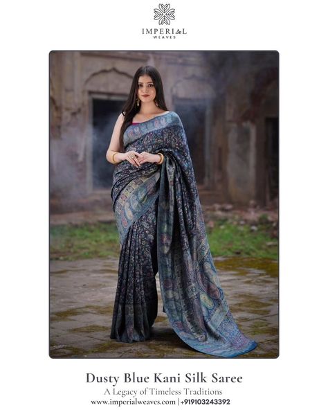 Dusty Blue Kani Silk Saree. Crafted from luxurious silk, this saree is adorned with intricate Kani weaving, featuring timeless motifs like paisleys and flowers. The subtle shimmer of zari adds a touch of grace, making it perfect for any occasion. Complete the look with the matching Kani booti blouse piece for a seamless, sophisticated ensemble. 𝐒𝐡𝐨𝐩 𝐍𝐨𝐰 𝐚𝐭 www.imperialweaves.com 𝐂𝐨𝐧𝐭𝐚𝐜𝐭 𝐮𝐬 𝐟𝐨𝐫 𝐎𝐫𝐝𝐞𝐫 𝐚𝐧𝐝 𝐐𝐮𝐞𝐫𝐢𝐞𝐬 +𝟗𝟏 𝟗𝟏𝟎𝟑𝟐𝟒𝟑𝟑𝟗𝟐 𝐎𝐑 𝐃𝐌 #DustyBlueSaree #KaniSilkSaree #SareeLove #IndianFashio... Blue Saree, Blouse Piece, Dusty Blue, Silk Saree, Silk Sarees, Paisley, Weaving, Shop Now, Saree