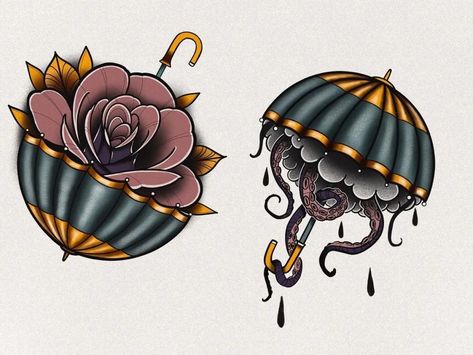 Neo Traditional Tattoo Ideas, Umbrella Tattoo Design, Luke Tattoo, Postcard Tattoo, Tentacle Tattoo, Tattoos 2023, Art Nuevo, Umbrella Tattoo, Jerry Tattoo