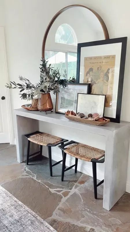 Showing you these foot stools in more detail. They also come in a white/natural color version. #bench #stool #consoletable #diningroom #entryway #wayfairfinds #wayfairhome #onlineinteriordesign #LTKhome Entryway With Stool, Console Table Seating, Entryway Table With Bench, Entryway Table With Stools Underneath, Entry Way Bench And Table, Console Table Styling With Mirror, Entry Bench With Mirror, Entryway Table With Ottomans, Entry Bench Decor Entryway