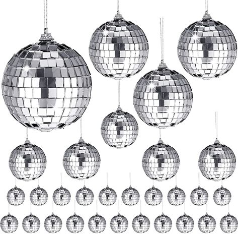 30 Pieces Mirror Disco Ball Silver Hanging Disco Ball with Rope Small Party Mirror Balls Cool Reflective Disco Ball Decor Christmas Tree Ornaments for Wedding Party Dance Music Festival, 4 Sizes - - Amazon.com Mirror Disco Ball, Led Party Lights, Small Party, Mirror Ball, Xmas Tree Decorations, Disco Balls, Small Mirrors, Party Lights, Disco Party