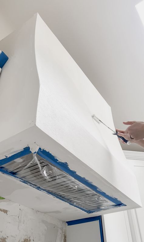 DIY Plaster Oven Range Hood - Come Stay Awhile by Amanda Vernaci | Modern Farmhouse DIY + Home Renovation Diy Built In Range Hood, Hood Range Cover Ideas, Plaster Oven Range Hood, Roman Clay Kitchen Hood, Square Plaster Hood, Lime Wash Range Hood, Building A Range Hood Cover, Plaster Cooker Hood, Diy Plaster Hood Vent