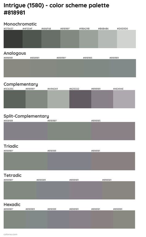 Benjamin Moore Intrigue (1580) Paint coordinating colors and palettes Intrigue Benjamin Moore, Benjamin Moore Intrigue, Draw A Hexagon, Analogous Color Scheme, Rgb Color Codes, Split Complementary Colors, Rgb Color Wheel, Ppg Paint, Monochromatic Color Palette