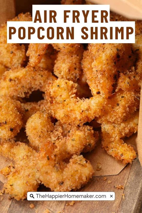 Crispy air fryer popcorn shrimp gives you the classic flavor and crunch of popcorn shrimp without excessive oil. This easy 20-minute recipe can be served as a main course, party appetizer, or a simple afternoon snack.#thehappierhomemaker Popcorn Shrimp Air Fryer, Popcorn Shrimp Recipe, Shrimp In The Air Fryer, Shrimp Air Fryer, Air Fryer Popcorn, Frozen Popcorn, Seafood Ideas, Frozen Sweet Potato Fries, Air Fryer Fish Recipes