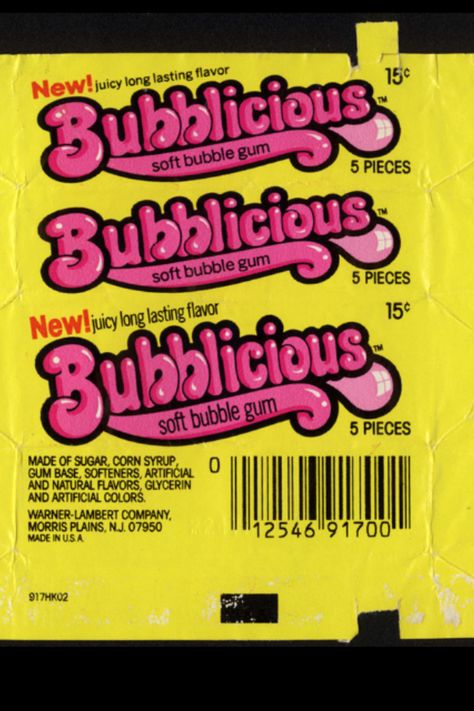 Bubbleicious soon followed Bubble Yum in the late 70's. Bubblicious Gum, Bubble Yum, Bubble Gum Flavor, Childhood Memories 70s, Vintage Packaging, Vintage Candy, Candy Wrappers, Chewing Gum, Natural Flavors