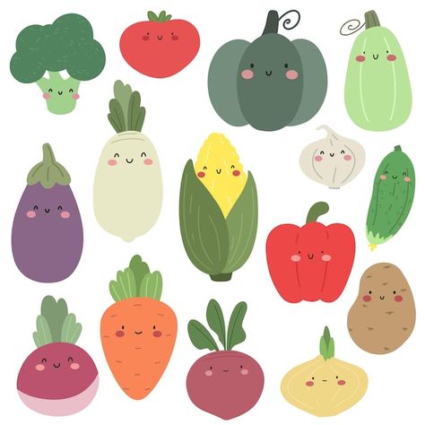 Cute Vegetables Drawing, Cartoon Veggies, Sunflower Drawing Easy, Kawaii Vegetables, Vegetables Drawing, Cute Vegetables, Cartoon Vegetables, Vegetables Illustration, Fruits Illustration