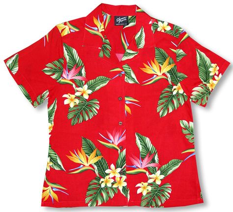 Bird of Paradise Display Hawaiian Tropical Aloha RJC brand, Puanani label women's Shirt created in Red, White and Black.  Made in Hawaii.  Free shipping from Maui, Hawaii. MauiShirts search box stock number:  W-Q-412O-JT