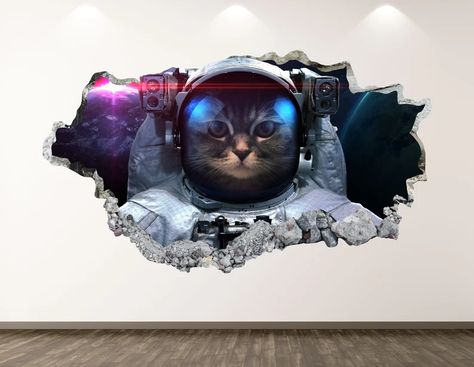 Astronaut Cat Wall Decal Space Galaxy 3D Smashed Wall Art - Etsy Space Wall Decals, Vinyl Room, Geometric Cat, Floor Wallpaper, Vinyl Wall Art Decals, Space Galaxy, Floral Cat, Baby Animals Funny, Home Poster