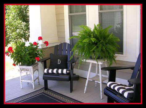 Southern porch complete with red geraniums and ferns...oh, and a big glass of sweet tea. Front Porch Adirondack Chairs Decorating Ideas, Southern Porch, Screened Porch Decorating, Small Outdoor Patios, Porch Plants, Farmhouse Patio, Diy Front Porch, Farmhouse Landscaping, Red Geraniums