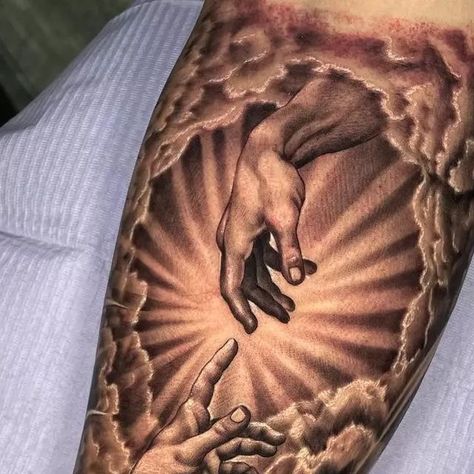 Angels In Clouds Tattoo, Cross And Clouds Tattoo For Men, Clouds Around Arm Tattoo, Cloud Tattoo Sleeve Heavens, Cross And Clouds Tattoo, Clouds Tattoo, Cloud Tattoo Design, Tricep Tattoos, Heaven Tattoos