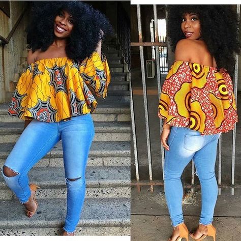 The beauty about fashion is that it is always evolving, or sometimes recycling. This year between chokers and peasant skirts, we have seen the old become the new and thankfully all of that can be d… Off Shoulder Ankara Top, Ankara Tops With Jeans, Tops With Jeans, Ankara Tops, African Tops, Style Africain, Ghanaian Fashion, Afrikaanse Mode, African Inspired Fashion