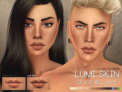 Lumi Skin Overlay for The Sims 4 by Pralinesims DOWNLOAD Skintone overlay in 3 versions (caucasian lid, asian double or monolid) for all ages and genders. Except for the special eyelids, this skintone makes lips bigger than usually. Works with all types of makeup and adapts the color of basic EA tones. ID: SC4-100316 Cc Face, Sims 4 Skin, Skin Overlay, Cc Folder, The Sims 4 Skin, Sims 4 Cc Shoes, Pelo Sims, Skin Details, Sims 4 Cc Makeup