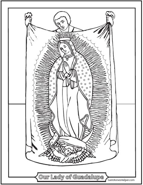 Beautiful Our Lady of Guadalupe coloring page! Includes Juan Diego and his tilma. Based on an antique drawing. Happy feast day!Click to print this picture. Our Lady Of Guadalupe Coloring Page, Daily Rosary, Rosary Guide, Sesame Street Coloring Pages, October Themes, Catholic Kids Crafts, Happy Feast Day, Antique Drawing, Saint Coloring