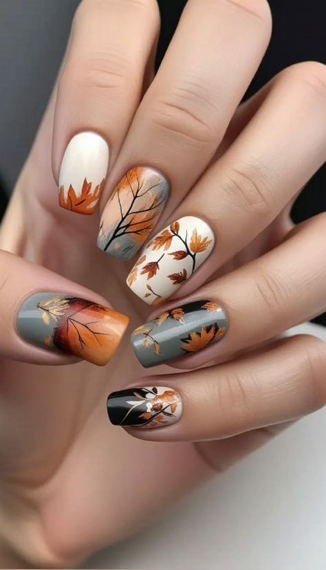 Natural Nail Designs Fall, Leaves Nails, Thanksgiving Nail Designs, Thanksgiving Nail Art, Teal Nails, Autumn Nail, September Nails, Sassy Nails, Fall Nail Art Designs