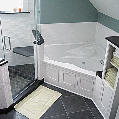 Corner tub idea Corner Shower And Bathtub, Bathroom Ideas With Corner Bath, Bathroom Remodel Corner Tub, Corner Tub Shower Combo, Corner Bath Tub, Corner Jacuzzi Tub, Tub Remodel, Zimmer Diy, Jacuzzi Bathtub