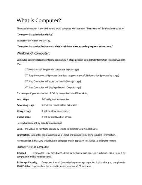 What is Computer?  The word computer is derived from a word compute which means “To calculate”. So simply we can say.  “Comp... What Is Computer Definition, Computer Skills Basic, Computer Definition, Computer Science Notes, Characteristics Of Computer, Basics Of Computer, Basic Computer Knowledge, Computer Exam, Grade 5 Math Worksheets