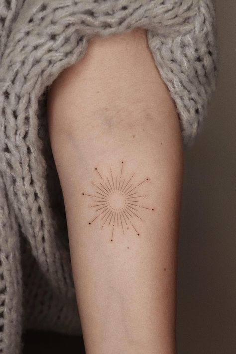 40 Brilliant Sun Tattoos For Women (2022 Guide) Ornamental Sun Tattoo Design, Back Of Neck Sun Tattoo, Flank Tattoos For Women, Funky Sun Tattoo, Sun Tattoo With Words, Sternum Sun Tattoo, Sun Tattoo Designs For Women Beautiful, Sun Burst Tattoo, Geometric Sun Tattoo