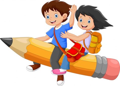 Happy school kids riding a flying pencil | Premium Vector #Freepik #vector #school #kids #children #education School Kids Cartoon, School Pamphlet, School Wall Art Ideas, School Wall Decoration, Business And Advertising, Good Night Cat, Happy School, Kids Going To School, Student Cartoon