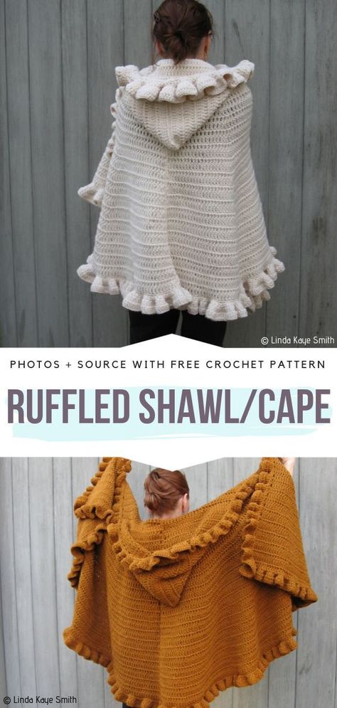 Ruffled Shawl/Cape Free Crochet Pattern This cozy cape is easy to make because it uses only double crochet stitches. The addition of ruffles makes it elegant and so feminine, you will surely love it. #crochetcape Crochet Shawl With Hood Free Pattern, Crochet Cloak With Hood, Crochet Ruffles Pattern, Free Crochet Cape Patterns, Knitted Cape Pattern Free, Cape Crochet Pattern Free, Hooded Poncho Crochet Pattern Free, Crochet Cloak Pattern, Crochet Cloak Pattern Free