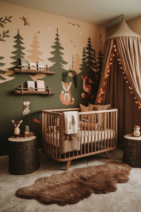 forest-green walls, rustic wooden furniture, and adorable animal accents like foxes, deer, and owls. Add soft lighting, a cozy canopy, and nature-themed bedding for a dreamy, Nursery room. Earthy Nursery, Rustic Baby Rooms, Vintage Baby Rooms, Baby Nursery Decor Ideas, Cozy Colors Palette, Rustic Wooden Furniture, Woodland Retreat, Magical Woodland, Pastel Nursery