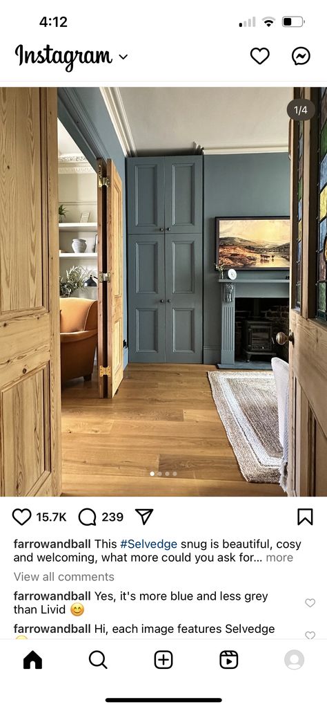 English Country House Paint Colors, Selvedge Living Room, Georgian Style Living Room, English Country Living Room Ideas, Color Drenching Kitchen, Blue Moody Living Room, De Nimes Living Room, Selvedge Farrow And Ball, Farrow And Ball Selvedge