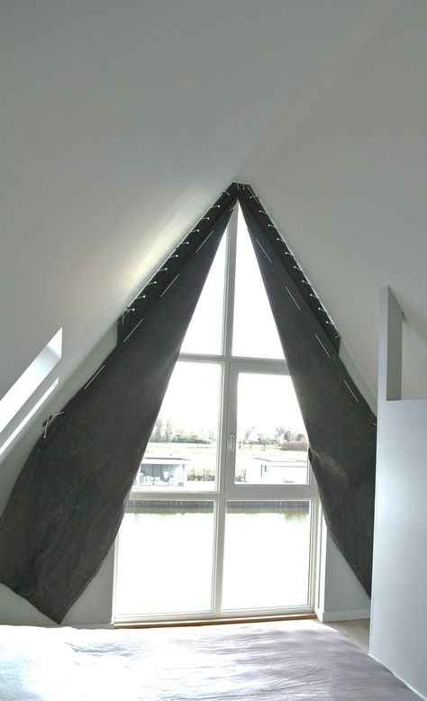 Studio Triangle Window Curtains, Triangle Window, Gable Window, Curtains And Pelmets, Cabin Windows, Attic Window, Diy Window Treatments, Attic Space, Cottage Bedroom